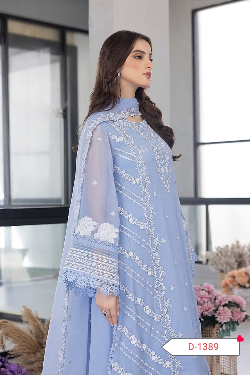 Azure Organza 3-Pc – Heavy Embroidered Front & Dupatta