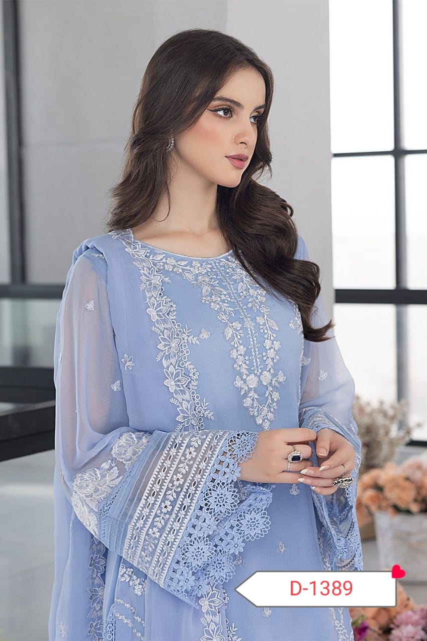 Azure Organza 3-Pc – Heavy Embroidered Front & Dupatta