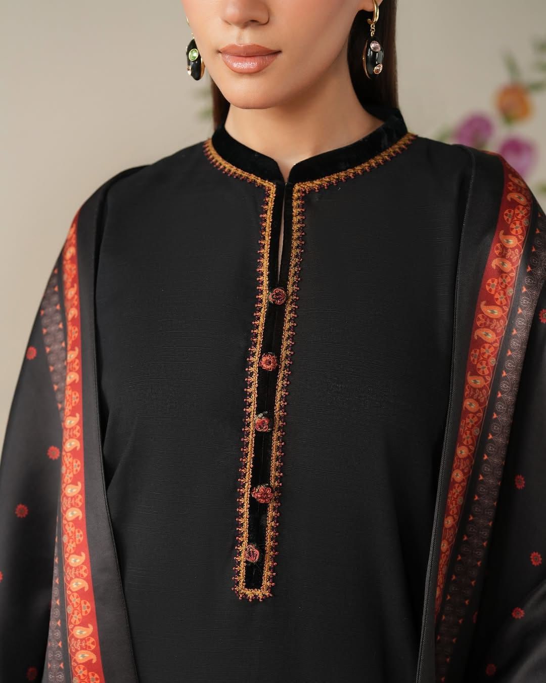 Baroque Winter 3-Pc – Premium Air-Jet Dhanak with Embroidered Neck & Sleeves