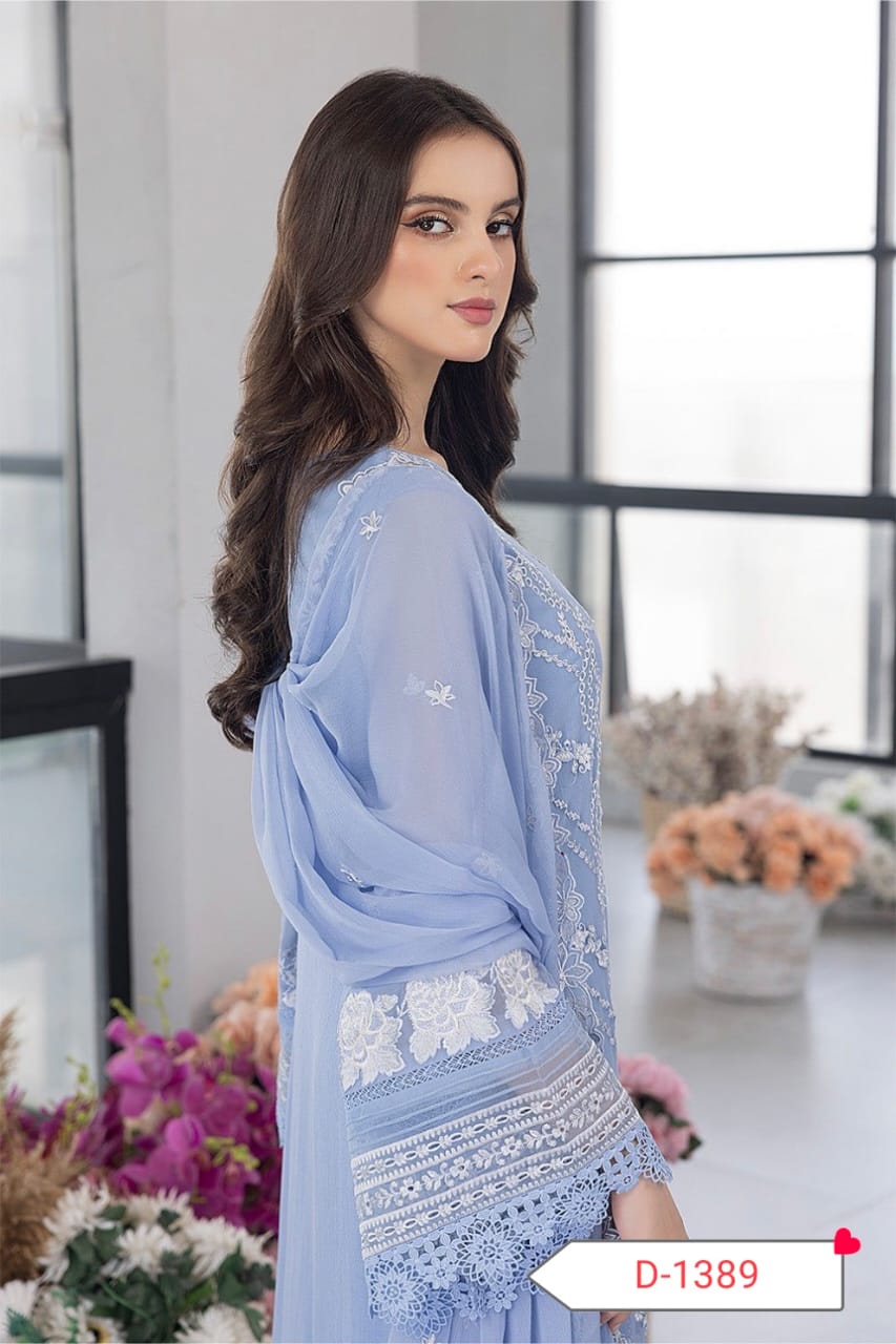 Azure Organza 3-Pc – Heavy Embroidered Front & Dupatta